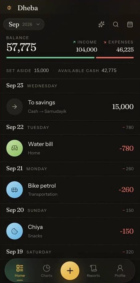 The ledger: a month's balance, income and expenses, and the entries beneath them